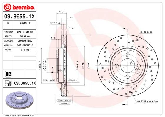 Brembo 09.8655.1X - Спирачен диск vvparts.bg