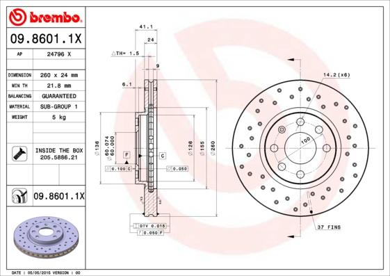 Brembo 09.8601.1X - Спирачен диск vvparts.bg