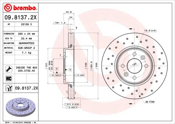 Brembo 09.8137.2X - Спирачен диск vvparts.bg