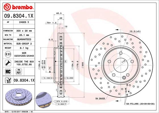 Brembo 09.8304.1X - Спирачен диск vvparts.bg