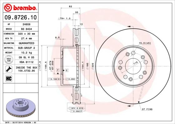 Brembo 09.8726.10 - Спирачен диск vvparts.bg