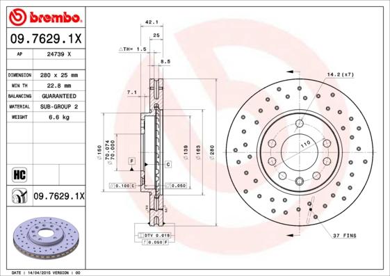 Brembo 09.7629.1X - Спирачен диск vvparts.bg