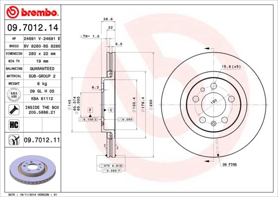 Brembo 09.7012.14 - Спирачен диск vvparts.bg