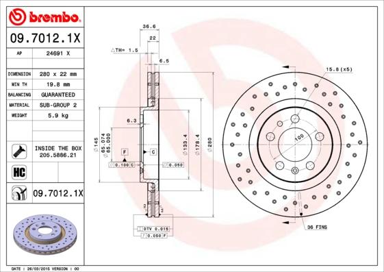 Brembo 09.7012.1X - Спирачен диск vvparts.bg