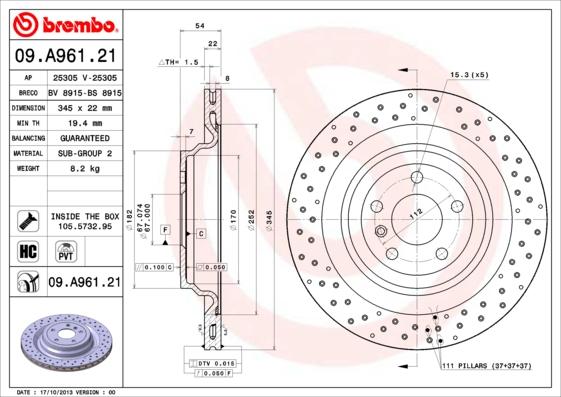 Brembo 09.A961.21 - Спирачен диск vvparts.bg