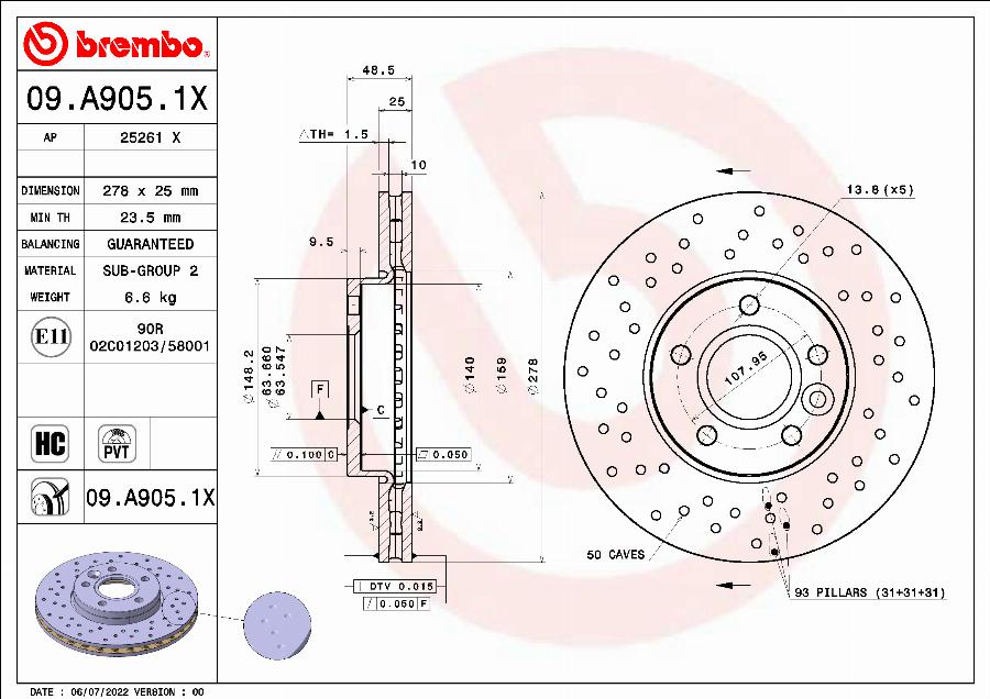 Brembo 09.A905.1X - Спирачен диск vvparts.bg