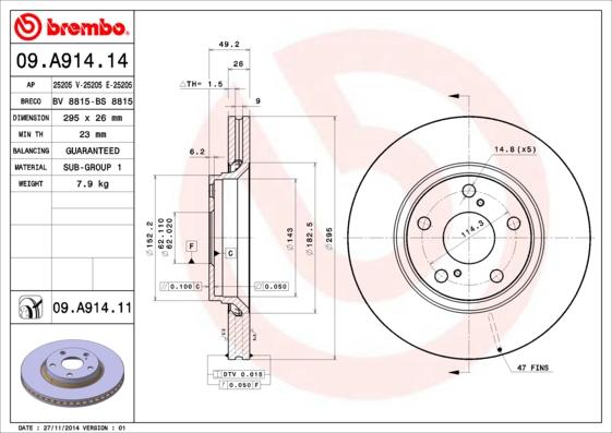 Brembo 09.A914.11 - Спирачен диск vvparts.bg