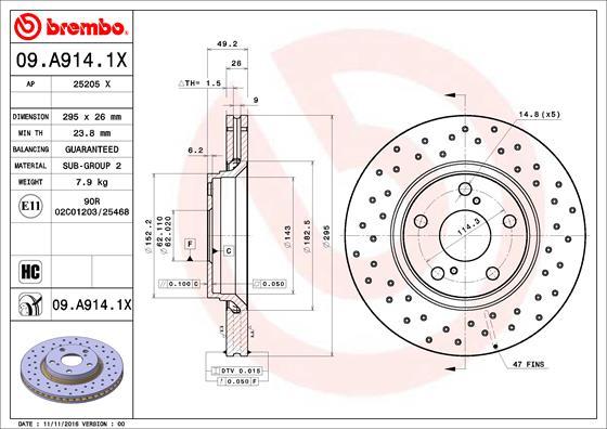 Brembo 09.A914.1X - Спирачен диск vvparts.bg