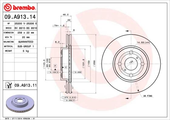 Brembo 09.A913.14 - Спирачен диск vvparts.bg