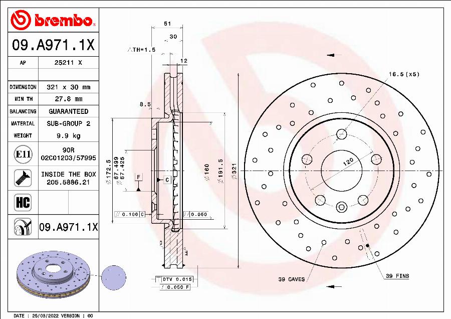 Brembo 09.A971.1X - Спирачен диск vvparts.bg