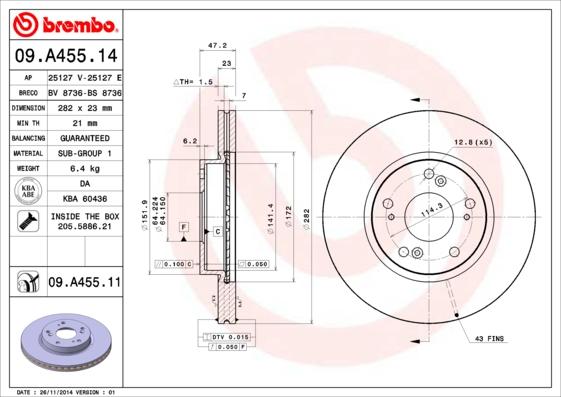 Brembo 09.A455.14 - Спирачен диск vvparts.bg