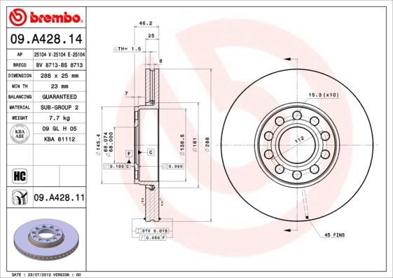 Brembo 09.A428.14 - Спирачен диск vvparts.bg