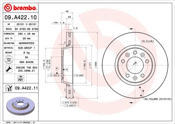 Brembo 09.A422.11 - Спирачен диск vvparts.bg