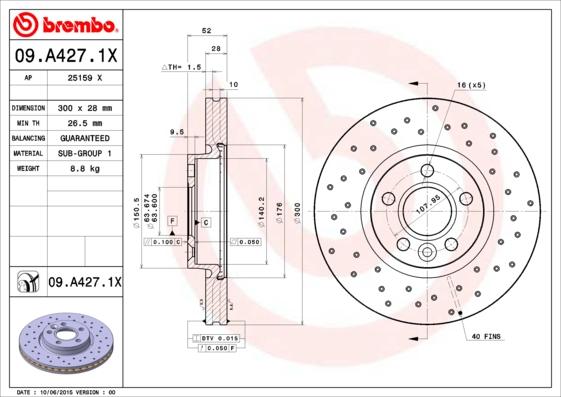 Brembo 09.A427.1X - Спирачен диск vvparts.bg