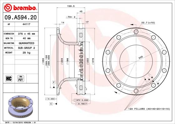 Brembo 09.A594.20 - Спирачен диск vvparts.bg