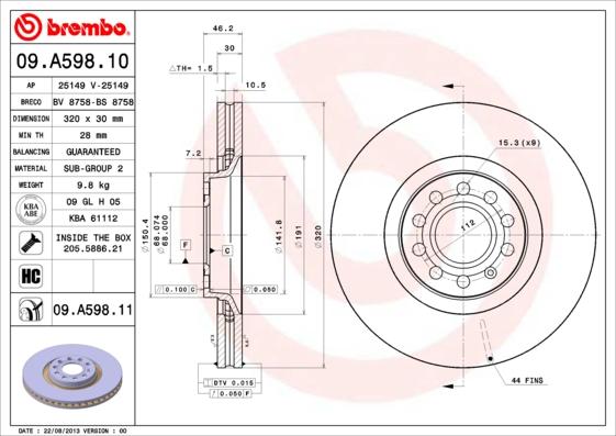 Brembo 09.A598.10 - Спирачен диск vvparts.bg