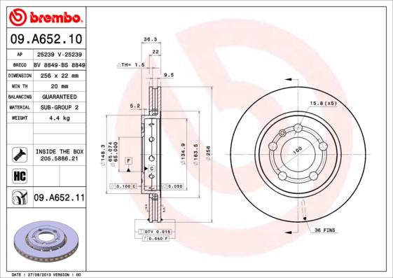 Brembo 09.A652.10 - Спирачен диск vvparts.bg