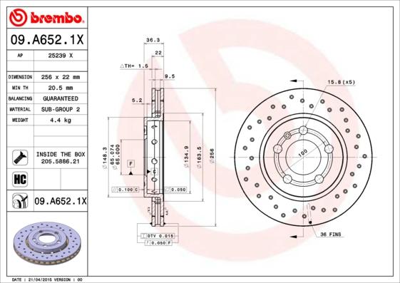 Brembo 09.A652.1X - Спирачен диск vvparts.bg