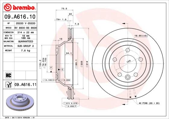 Brembo 09.A616.11 - Спирачен диск vvparts.bg