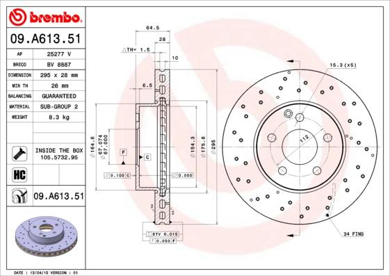 Brembo 09.A613.51 - Спирачен диск vvparts.bg