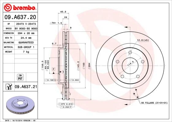 Brembo 09.A637.20 - Спирачен диск vvparts.bg