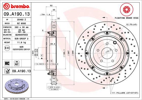 Brembo 09.A190.13 - Спирачен диск vvparts.bg