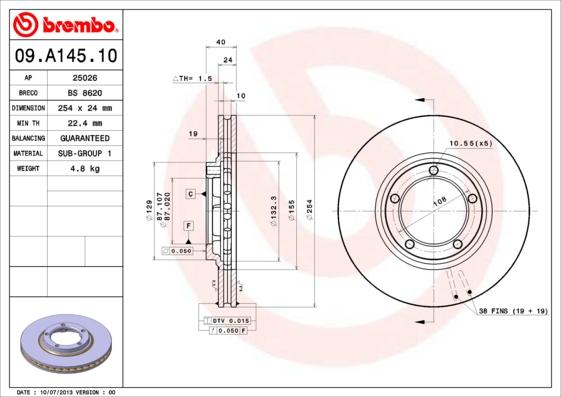 Brembo 09.A145.10 - Спирачен диск vvparts.bg