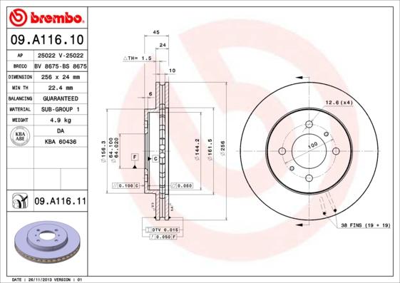 Brembo 09.A116.10 - Спирачен диск vvparts.bg