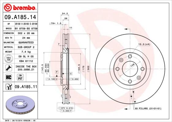 Brembo 09.A185.14 - Спирачен диск vvparts.bg