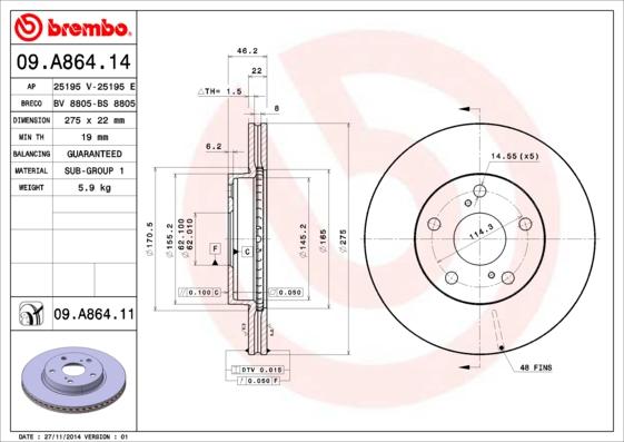 Brembo 09.A864.11 - Спирачен диск vvparts.bg