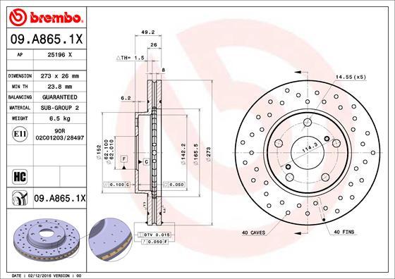 Brembo 09.A865.1X - Спирачен диск vvparts.bg