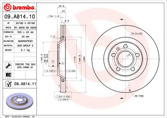 Brembo 09.A814.10 - Спирачен диск vvparts.bg