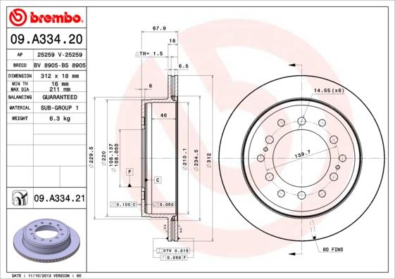 Brembo 09.A334.21 - Спирачен диск vvparts.bg