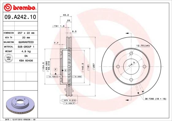 Brembo 09.A242.10 - Спирачен диск vvparts.bg