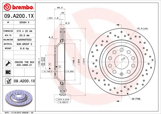 Brembo 09.A200.1X - Спирачен диск vvparts.bg