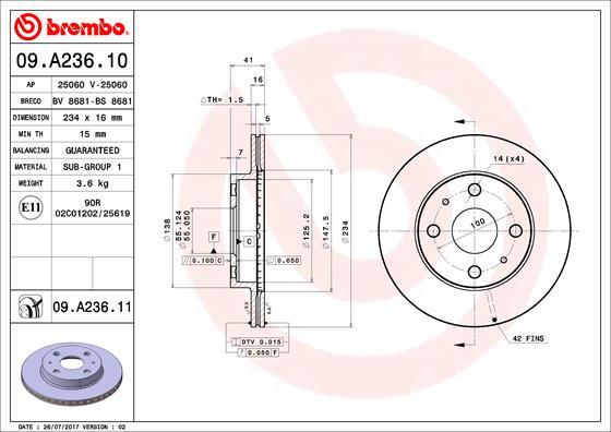 Brembo 09.A236.11 - Спирачен диск vvparts.bg