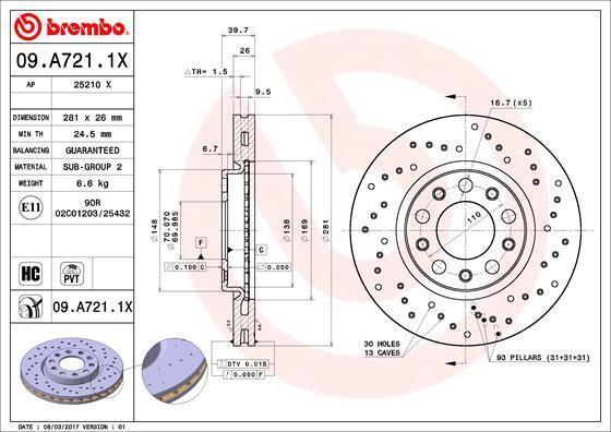 Brembo 09.A721.1X - Спирачен диск vvparts.bg