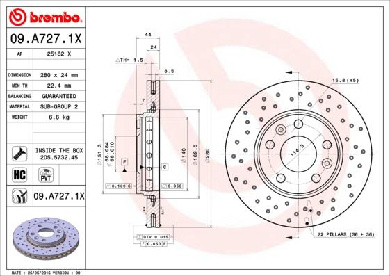 Brembo 09.A727.1X - Спирачен диск vvparts.bg