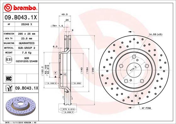 Brembo 09.B043.1X - Спирачен диск vvparts.bg