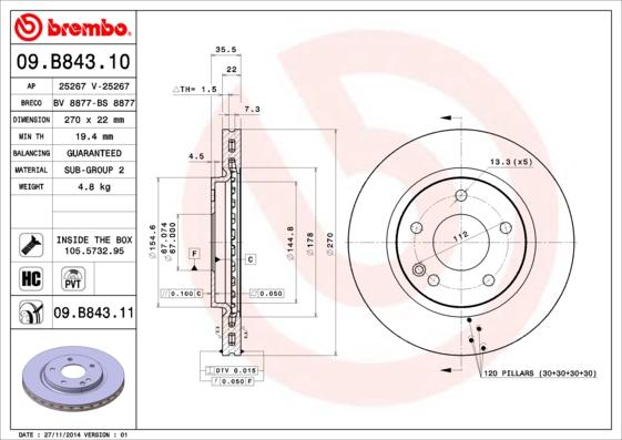 Brembo 09.B843.11 - Спирачен диск vvparts.bg