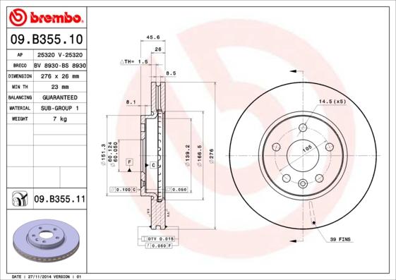 Brembo 09.B355.10 - Спирачен диск vvparts.bg
