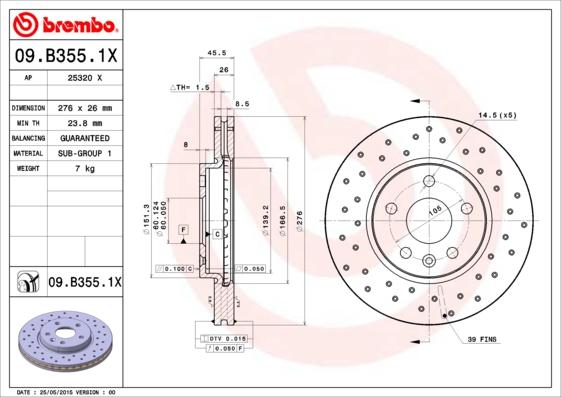 Brembo 09.B355.1X - Спирачен диск vvparts.bg