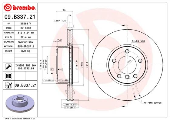 Brembo 09.B337.21 - Спирачен диск vvparts.bg