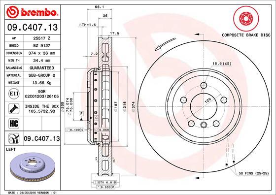 Brembo 09.C407.13 - Спирачен диск vvparts.bg