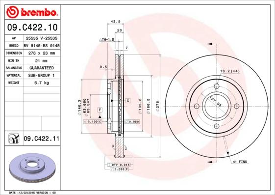 Brembo 09.C422.11 - Спирачен диск vvparts.bg