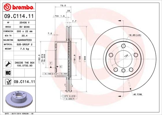 Brembo 09.C114.11 - Спирачен диск vvparts.bg