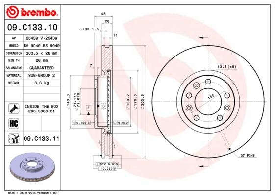 Brembo 09.C133.11 - Спирачен диск vvparts.bg