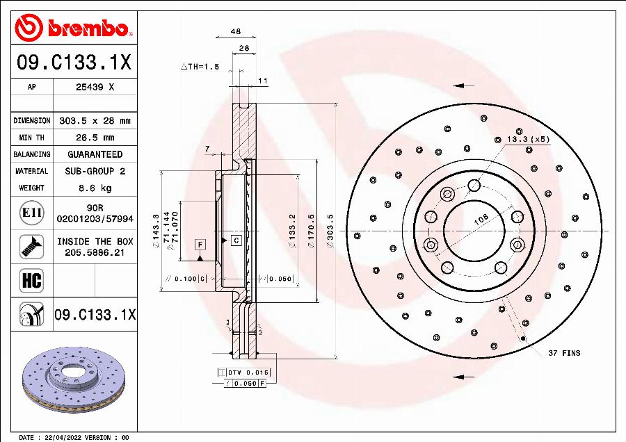 Brembo 09.C133.1X - Спирачен диск vvparts.bg
