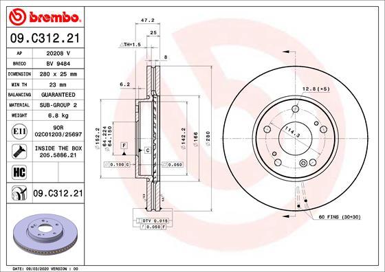 Brembo 09.C312.21 - Спирачен диск vvparts.bg