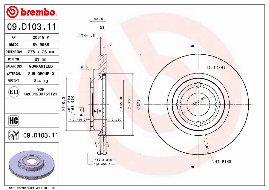 Brembo 09.D103.11 - Спирачен диск vvparts.bg